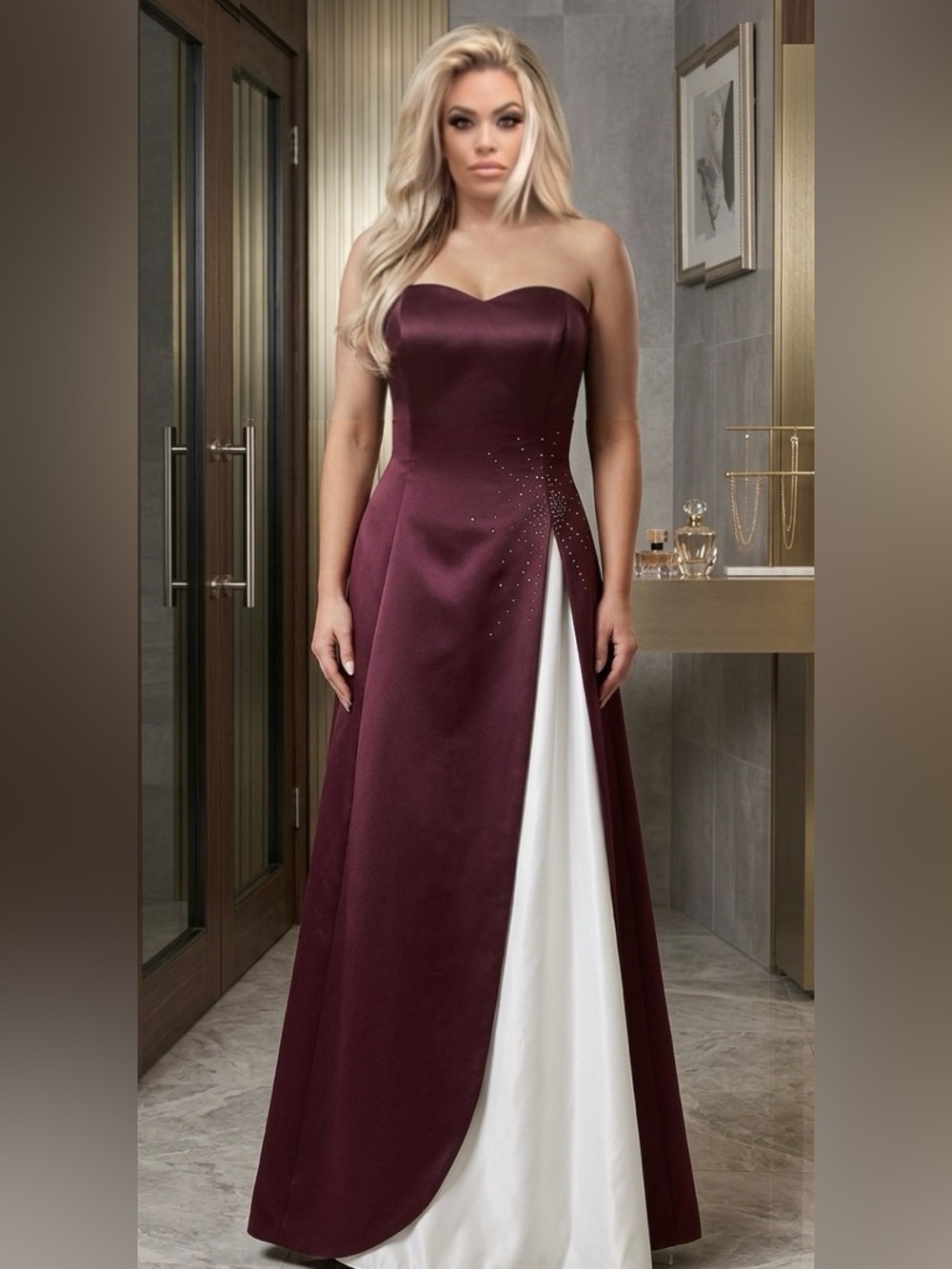 Strapless Satin Evening Gown in Burgundy with Ivory Sz 16